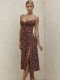 party Ditsy Floral Ruched Bust Knot Front Split Thigh Cami Dress Womens Summer Print Street Style Sleeveless Dress Robe