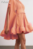 Asymmetrical Solid Mini Dresses For Women Round Neck Short Sleeve High Waist Spliced Plieasted A Line Dress Female