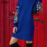 Floral Print Short Dresses Women Autumn Winter Long Sleeve Mini Dress Female Pullover Casual Straight