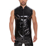 Toloer Men's Mirror PU Bright Leather Vest Slim Leisure Waterproof Stand Collar Without Ff Vest No Smell-Outfit