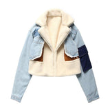 Casual Blue Turndown Collar Fleece Patch Denim