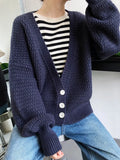 Women's Big V Neck Oversize Ruched Knitted Cardigan Lantern Sleeve Loose Sweater