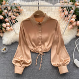 Women Korean Satin Blouse Turndown-Collar Puff Sleeve Single Breasted Slim Top Autumn Fashion Streetwear Short
