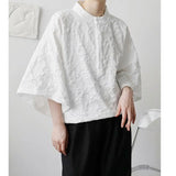 Women White Jacquard Big Size Blouse New Stand Collar Three-quarter Sleeve Shirt Fashion Tide Spring Autumn 2023