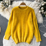 Plush Sweater Women Loose Gentle Long Sleeve Fashion O Neck Korean Top 2022 Winter Solid Streetwear Knitted