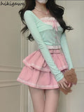 Skirt Outfits Summer Fashion 2 Piece Set Women Clothing Patchwork Crop Tops Lace Ruffles Mini Skirts Suit Korean Cute
