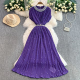 Luxury Famous Heavy Industry Nail Ball Collar Dress Women Summer Waist Thin 100 Fold Elegant Dress Dress