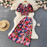 Summer Bohemian Women Floral Printed Two Piece Set Sexy Beach Suit Square Collar Puff Sleeve Short Tops + Skirt New Fashion