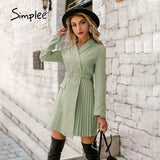 Simplee A-line v-neck buttons stitching pleated women dress belt Office notched mini blazer dress Female long sleeves