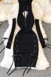 Women Sexy Sweater Dress Open Chest Backless Ribbon Strap Tops Turtleneck Long Sleeve Lacing Up Bodycon Knit Bandage