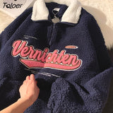 Hip Hop Lamb Wool Letter Embroidery POLO Shirt Sweatshirt Women Winter Tops Retro Streetwear Fashion Teens Clothes