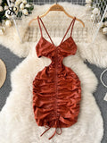 Party Club Sexy Women Dress 2022 Summer Backless Solid Slim Hollow Out V Neck LAdies A Line Mini