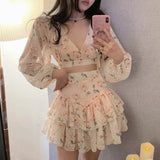 Summer Sweet Chiffon Print Vacation Beach Two Piece Set Women V-neck Backless Sexy Crop Top+High Waist Cake Skirts