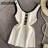 Women's Patched O-neck Tank Tops Female Bodycon Knitted Buttons Simple Stretchy Camisole Sleeveless Tee shirts