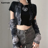 Fairy Grunge Crop Top Women Short Sleeve Patchwork Tshirt And Arm Gloves Female Streetwear Y2k Tie Dye Tee Goth