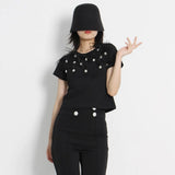 Patchwork Feathers T Shirt For Women Loose Diamonds O Neck Short Sleeve Skinny Tees Tops Female 2022 Summer