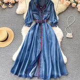 Vintage Embroidery Denim Maxi Dress Women Spring Lapel Pocket Lantern Sleeve Long Vestidos Belt Boho Beach Casual