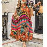 Retro Ethnic Print Dress New Spring Summer Half-sleeve Casual Dress Ladies Sexy V-neck Stitching Pleated Drape Maxi