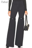 Fashion Women Pant High Waist Knee Strap Splited Medium Strecth Black Knit Floor-length Flare Pants Summer 2023 New