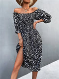 Sweet Square Collar Puff Sleeves Leopard Print Fit and Flare Holiday