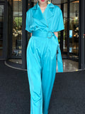 Elegant Blue Jumpsuit For Women Notched Collar Long Sleeve High Waist Solid Jumpsuit Female Spring Clothing