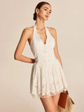 New Women's White Lace Dress French Sleeveless Hanging Neck V-Neck