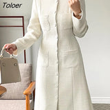 Chic Tweed Dress Women 2023 Winter Single-breasted O-neck Wool Vestido Elegant Long Sleeve Vintage Clothing