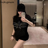 Ropa Mujer White Tshirts Oversized Tops O-neck Short Sleeve Diamond Casual Tees Summer Y2k T Shirt Fashion Korean