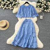 High-End Squeal Hook Lace Set Women's Summer Fashion Short Horn Sleeve Shirt High Waist