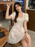 Woman Dress 2023 Vestidos De Mujer Square Collar Puff Sleeve Summer Robe Femme Chic Hollow Out Bandage Bow Sexy