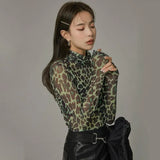 Korean Fashion Mesh Tops Renaissance Print See Through Sheer Tops Kpop Designer Clothes Turtleneck T-shirts Japanese