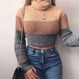 Womens Pullovers Turtlenecks Long Sleeve Knit Brown Crochet Top Knitting Striped Females Thick Warm Cropped Sweaters
