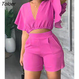 Piece Sets Womens Outifits Summer Lounge V-Neck Flutter Sleeve Crop Top & Shorts Set Fashion Multicolor Casual