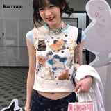 Y2k Aesthetics Tops Japanese Harajuku T-shirt 2000s Kawaii Cat Print Short Sleeve Tee Shirts Fairycore Patchwork