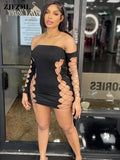 and Elegant Woman Lace Up Hollow Mini Dress Sexy Birthday Clubwear Outfits Female Off The Shoulder Long Sleeve Party