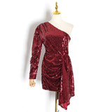 Sequined Women Dress Asymmetrical Collar Puff Long Sleeve High Waist Bow Irregular Dresses Female Fashion 2020