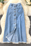 Long Denim Skirt for Women Korean Fashion Vintage Tassels High Waist Single Breasted A-line Jeans Skirt with