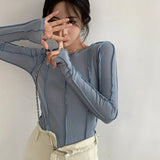 Korean Style Long Sleeve Top Bodycon Tshirt Women Blue Slim T Shirt Spring 2021 Designer Clothes Solid E Girl Tee