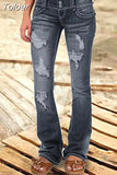 Waist Flared Jeans Women Button Casual Straight Leg Pants New 2023 Summer Pocket Hole Female Loose Office Lady Slim