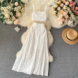 Women Hollow Out Two Piece Set Vintage Sleeveless Slash Neck Tank Tops + High Waist Long Skirt Ladies White/Green 2pc