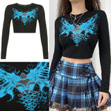 Rockmore Vintage Print T-shirt Women Aesthetic Long Sleeve Crop Top Autumn E Girl Casual Basic Tee Shirt 90s Grunge