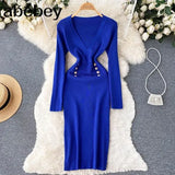 Women Knitted Pencil Dress Korean Long Sleeve V Neck Elastic Slim Dress Autumn Winter Sexy Bodycon Warm Sweater