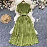 French Pleated Women Dress V Neck Short Sleeve Waist Sheath Dress Female Retro Belt Streetwear Fashion Long