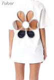 Fashion Women's T-shirt New Rund Neck Loose Back Hollow Out Diamond Short Sleeve White Tops Female Tide Summer 2023