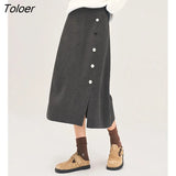 Women Plush Skirt 2022 Winter A Line Elastic Waist Loose Vented Hem Button Design Chic Casual Streetwear Midi