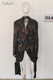 Fashion Women Blazer Notched Collar Long Sleeve Hidden Breasted Print Asymmetric Ruffle Suit Jacket Summer 2023 New