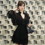 Temperament Fold Pleated Mini Dress For Women V Neck Puff Long Sleeve High Waist Button Slim Mesh Dresses Female 2023