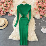 Women Shiny Knitted Dress Long Sleeve O Neck Elastic Slim Pencil Dresses Autumn Sexy Bodycon Streetwear Sweater