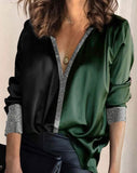 V-neck Solid Chiffon Color Temperament Commute Satin Long-sleeved Green