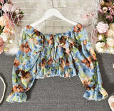 one-shoulder floral lace tie ruffled chiffon shirt female pleated was thin puff sleeve bottoming
